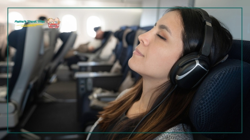 a woman with headphones on and eyes closed relaxing on a plane. Why Is It Safe to Fly in the Rain
