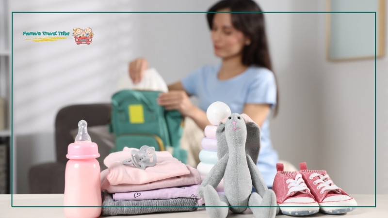 mom packing baby's bag in background with baby stuff displayed in the foreground. Prepare for flight- How to Fly With a Newborn