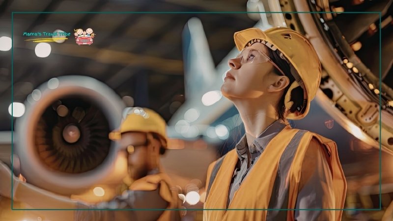Woman aeronautical engineer infront of an aircraft looking up in protective gear.  Aircraft Design and Engineering: biggest reason Why Is It Safe to Fly in the Rain