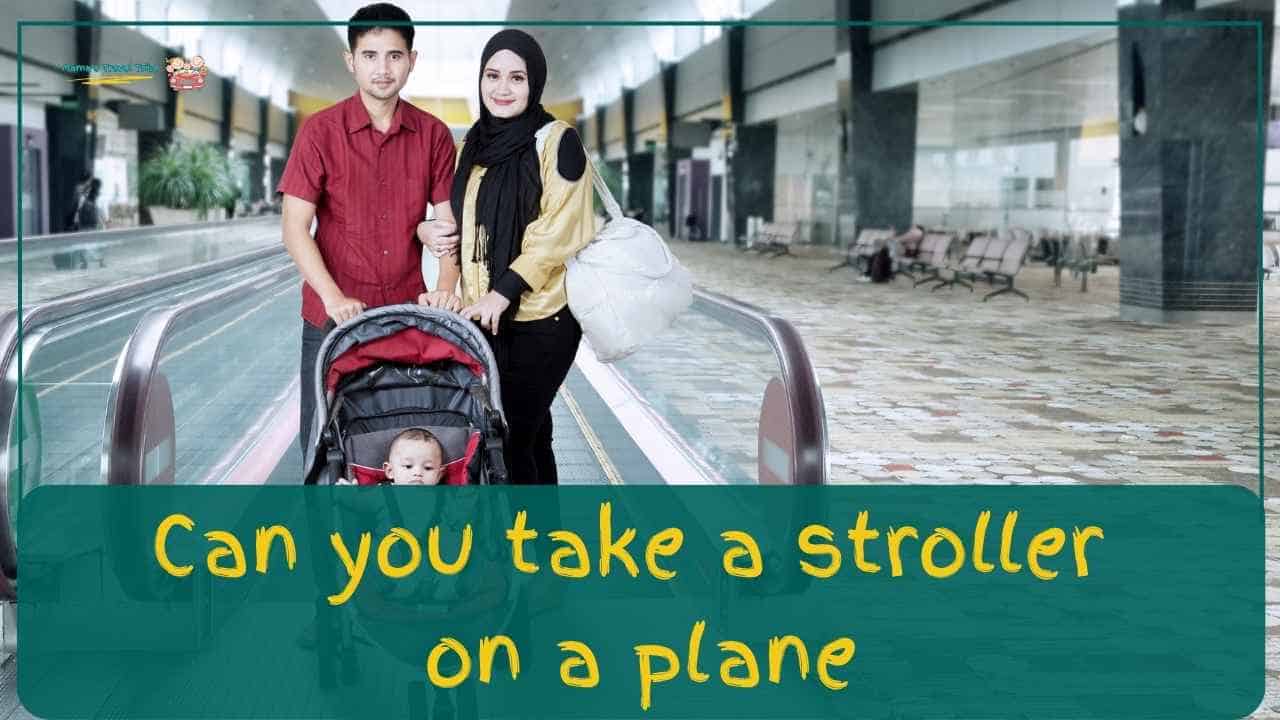 Family of three standing on an airport. child in stroller. can you take a stroller on a plane