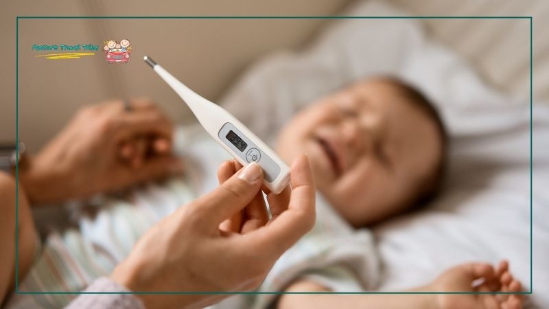 sick baby with temperature. holding a thermometer infront of a crying baby. planning shore excursions. do babies need passport to go on cruise