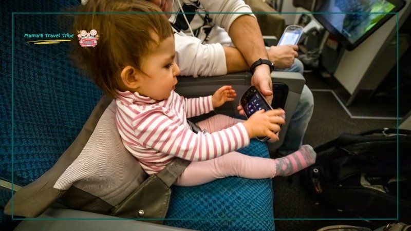 baby being entertained on a plane. tips for flying with a 1 year old