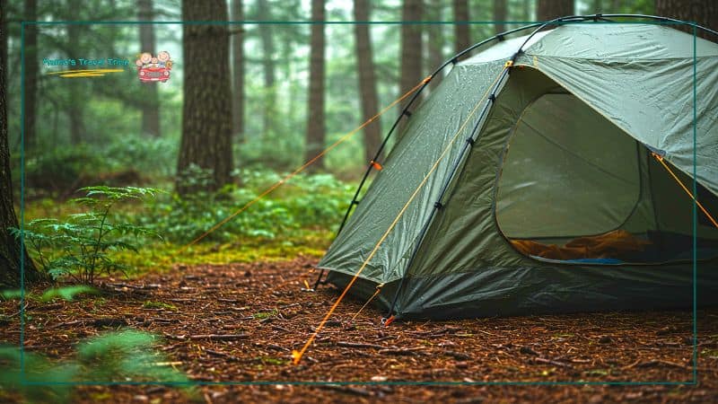 Rainy camp day, Camping activities for toddlers. Tent and floor wet on a rainy day at camp