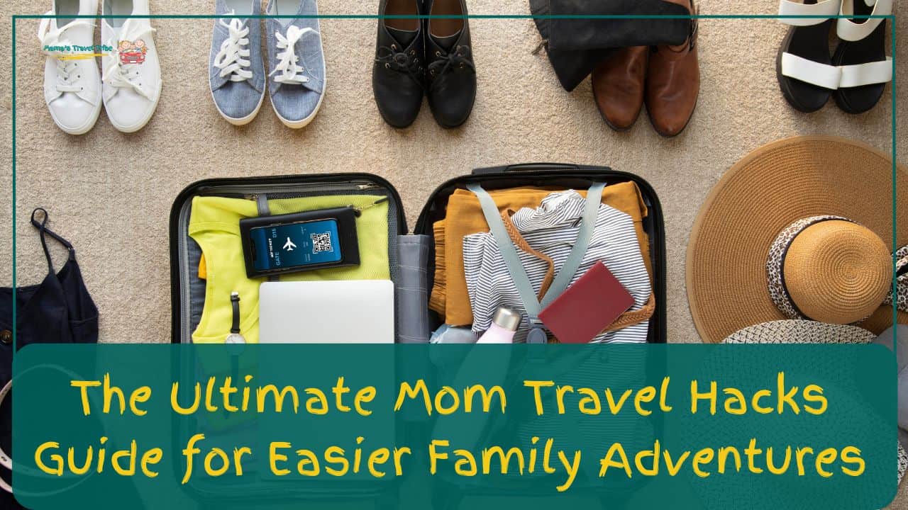 The Ultimate Mom Travel Hacks Guide for Easier Family Adventures. suitcase open with clothes for the whole family and mobile app showing flying sign. Also shoes for the whole family on display