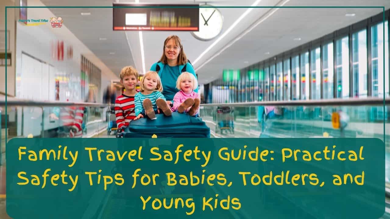 Family. mom and 3 babies on airport. children sitting on luggage. Family Travel Safety Guide: Practical Safety Tips for Babies, Toddlers, and Young Kids