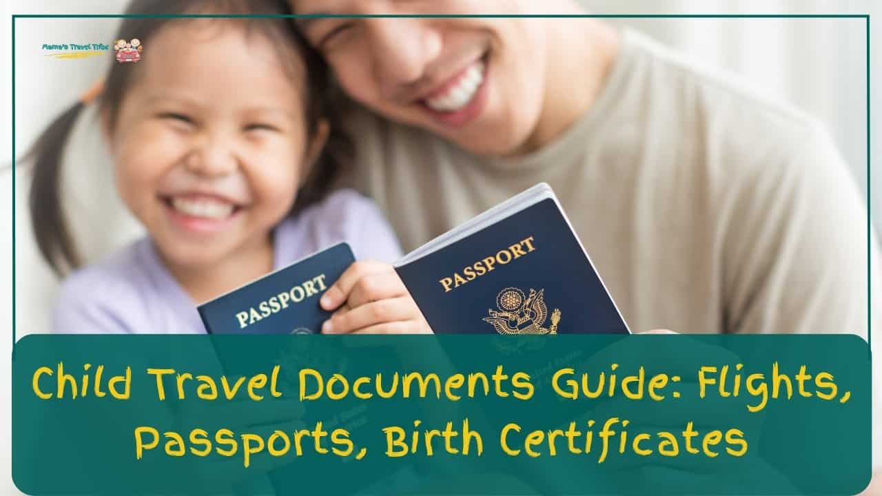 A father and daughter holding their passports and smiling. Child Travel Documents Guide: Flights, Passports, Birth Certificates