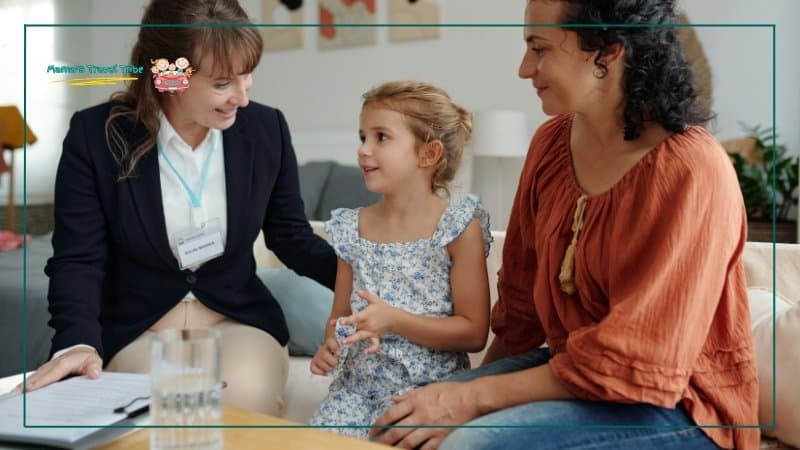 A legal representative discussing with a mother and a child. Child Travel Documents Guide: Flights, Passports, Birth Certificates