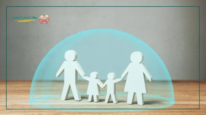 stick figure family inside bubble showing protection. TSA for children. what do kids need to fly. 