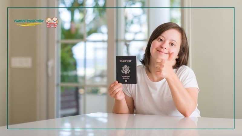 A special needs child holding a passport and showing a thumbs up sign. Child Travel Documents Guide: Flights, Passports, Birth Certificates