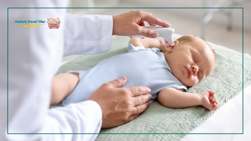 checking baby's temperature through thermometer in ear. First aid basics. Family Travel Safety Guide: Practical Safety Tips for Babies, Toddlers, and Young Kids